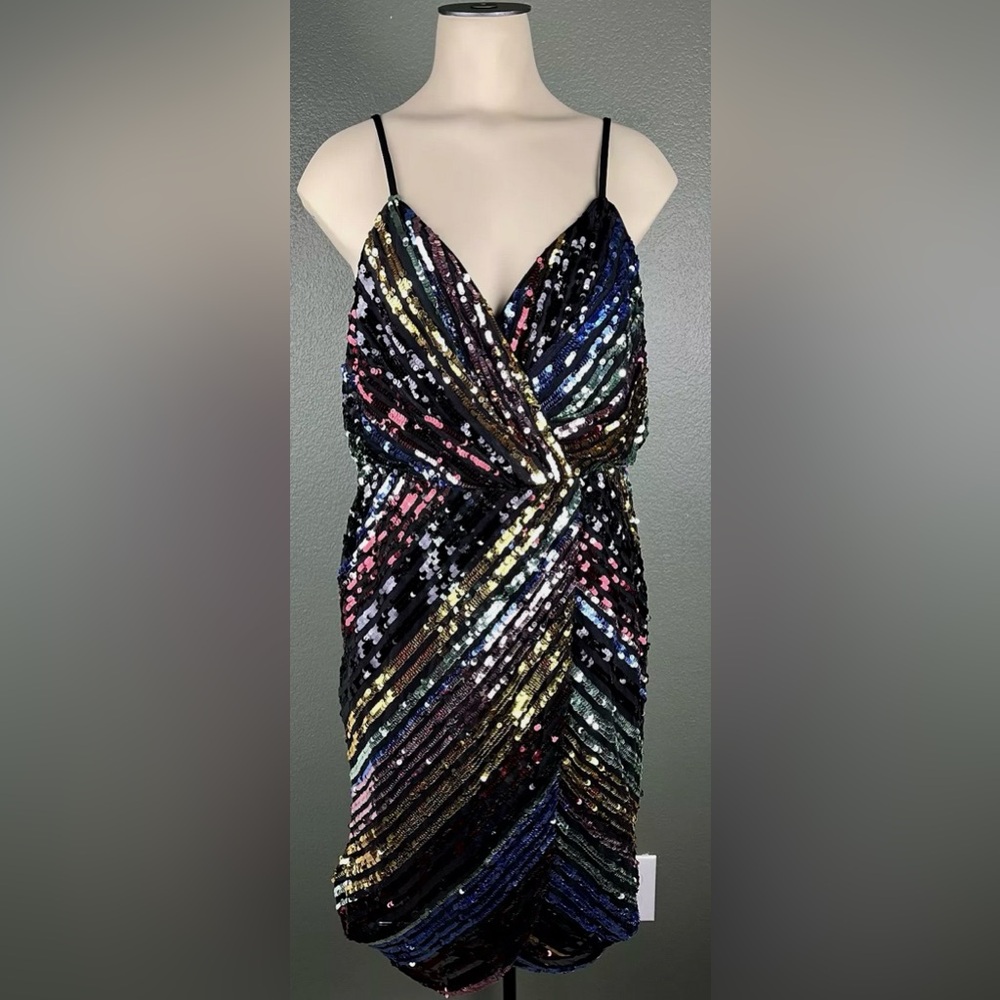 J.O.A. Colorful Sequin Black Dress "La Salle" Sleeveless V Neck